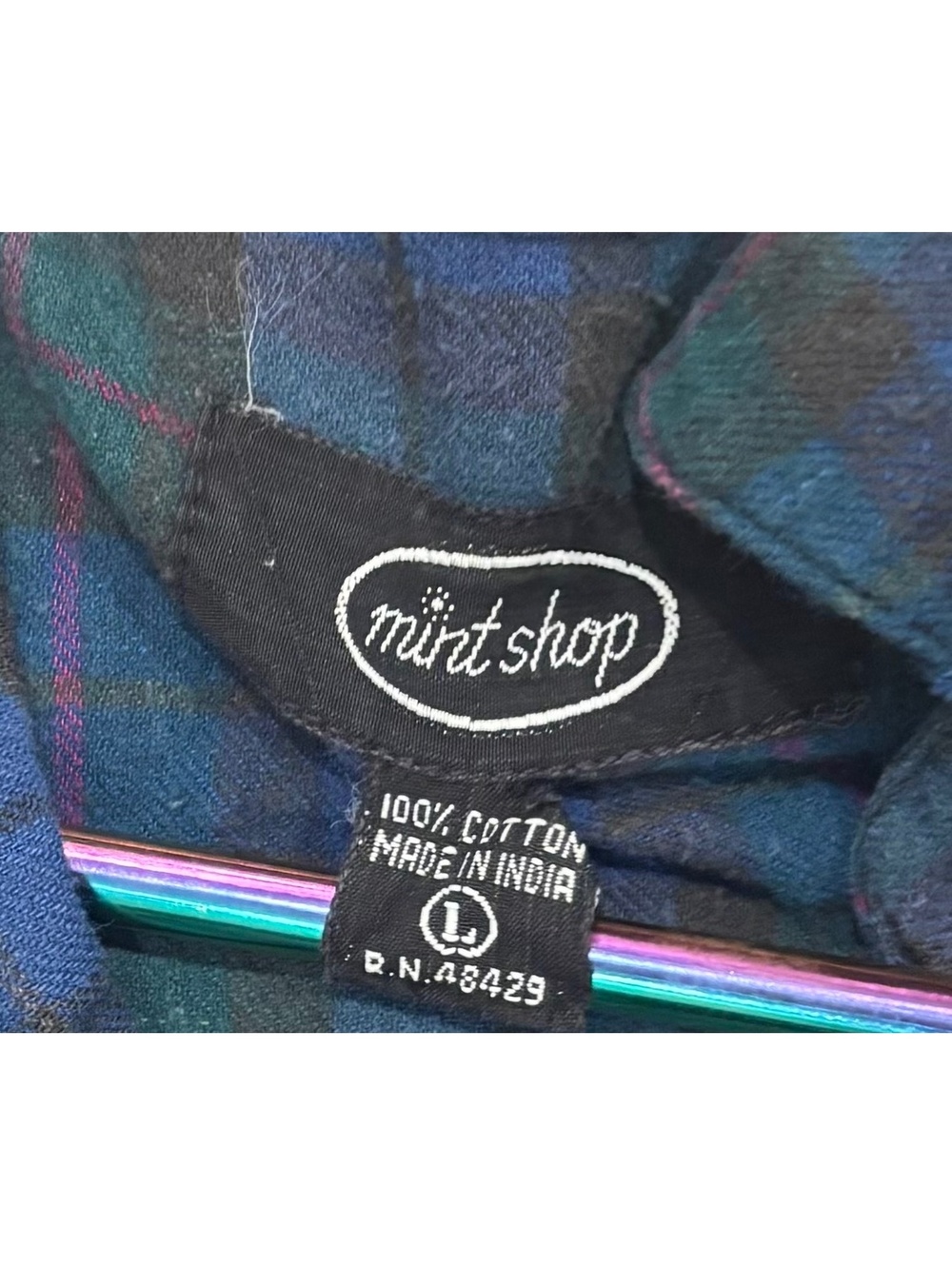 Mint Shop Blue and Green Plaid Button-Up Shirt, Size Large - Picture 2 of 3